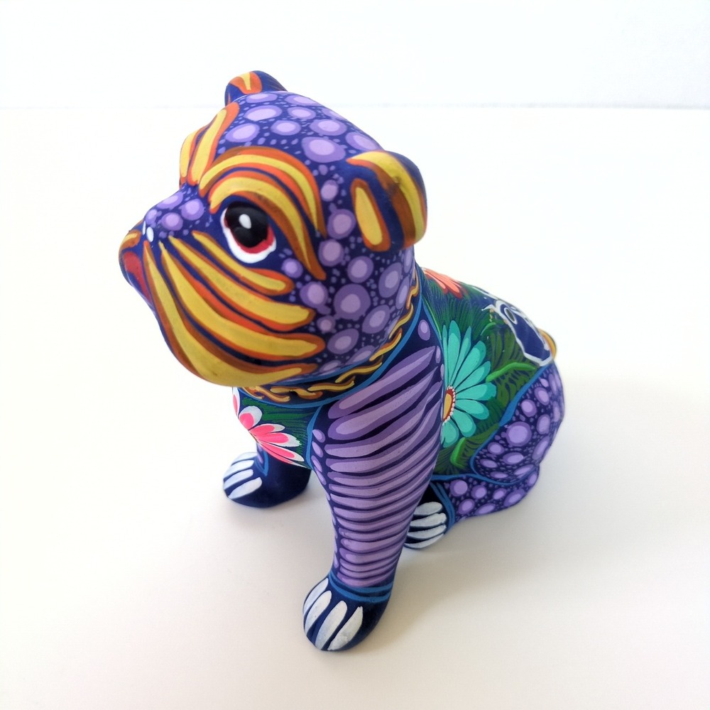 Mexican Folk Art Bulldog Alebrije Style Hand Painted Oaxacan Floral 8" VTG Decor - Picture 6 of 9